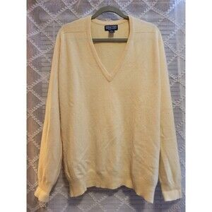 Lands End Mens Sweater 100% 2 Ply Cashmere V-Neck Pullover Yellow L Old Money